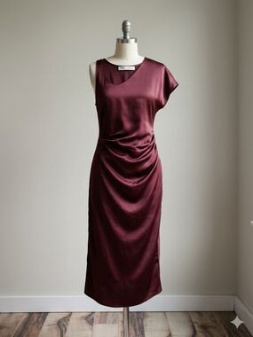 Zara Burgundy Satin Draped Midi Dress